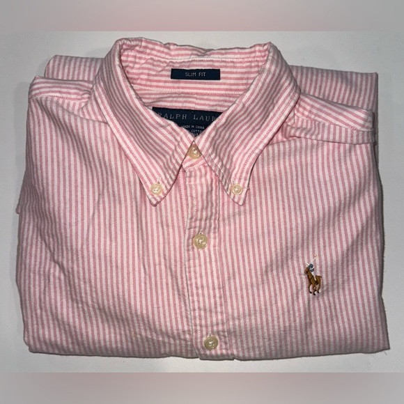 Ralph Lauren pink and white button-down striped shirt with logo slim fit - Picture 2 of 5